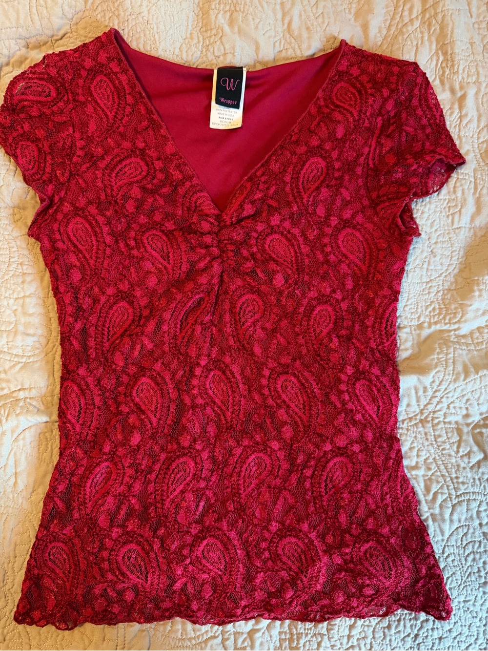 Wrapper y2k Red Lace V-Neck Short Sleeve Top